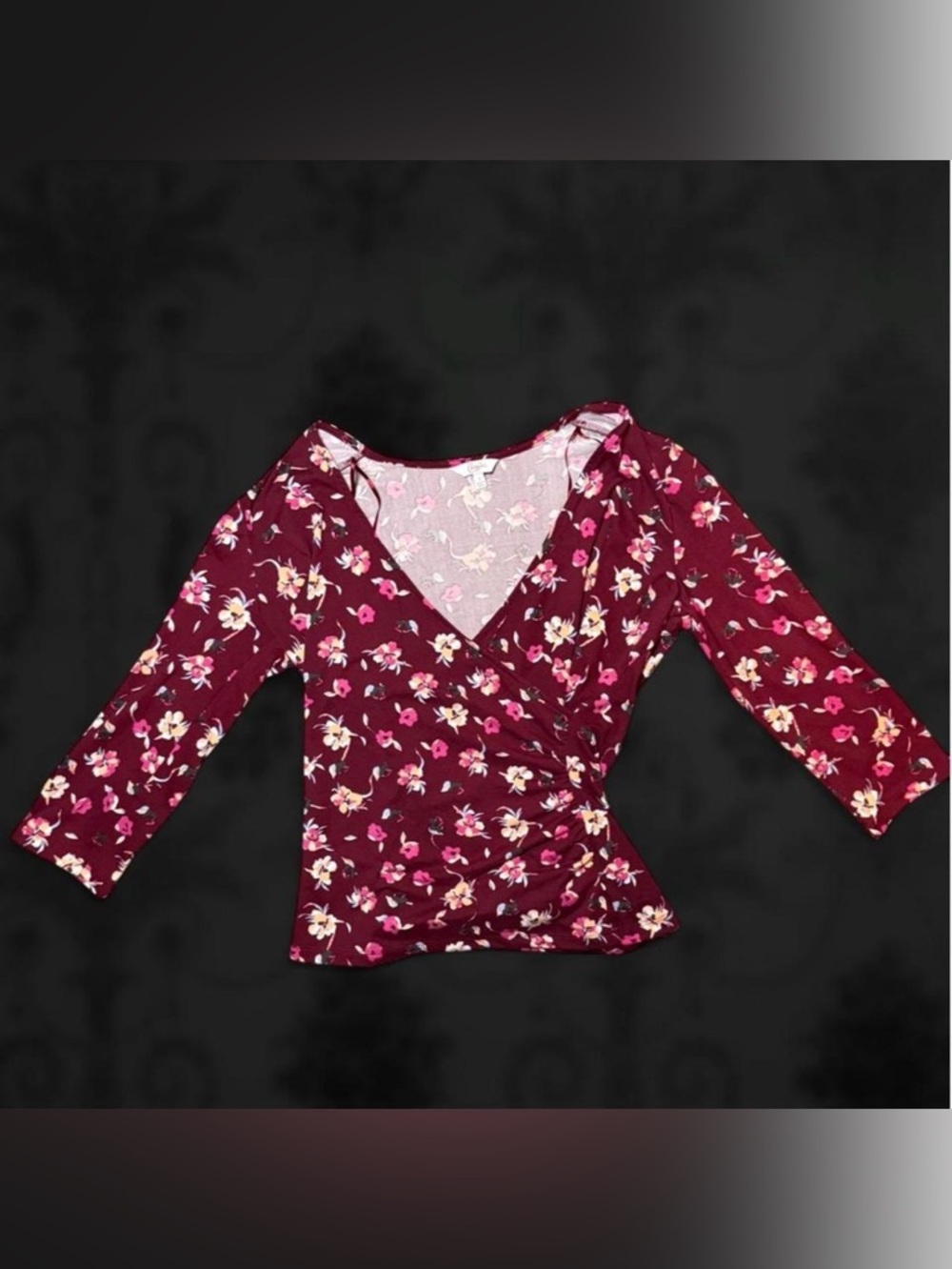 Candie's Burgundy Floral Wrap-Style Long Sleeve Top